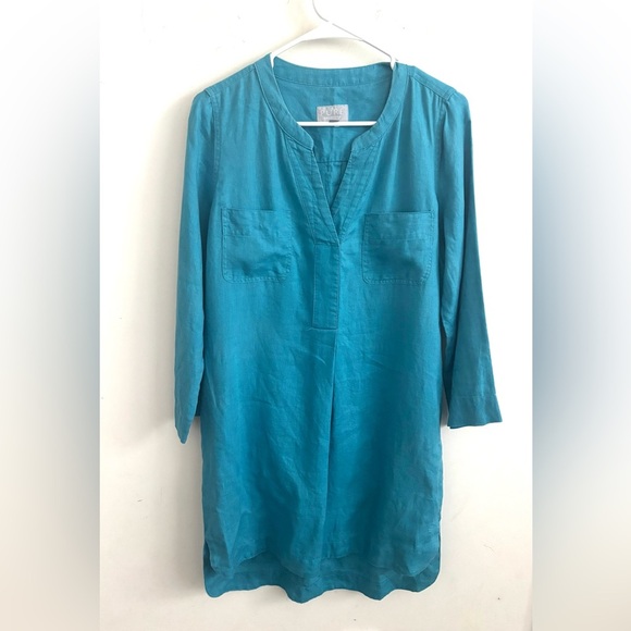 Pure longline tunic 100% linen Blue turquoise pocket front 12 summer vacation - Picture 1 of 5